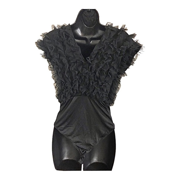 Ruffled Chiffon tulle plunge front black bodysuit size medium brand new - Picture 6 of 16